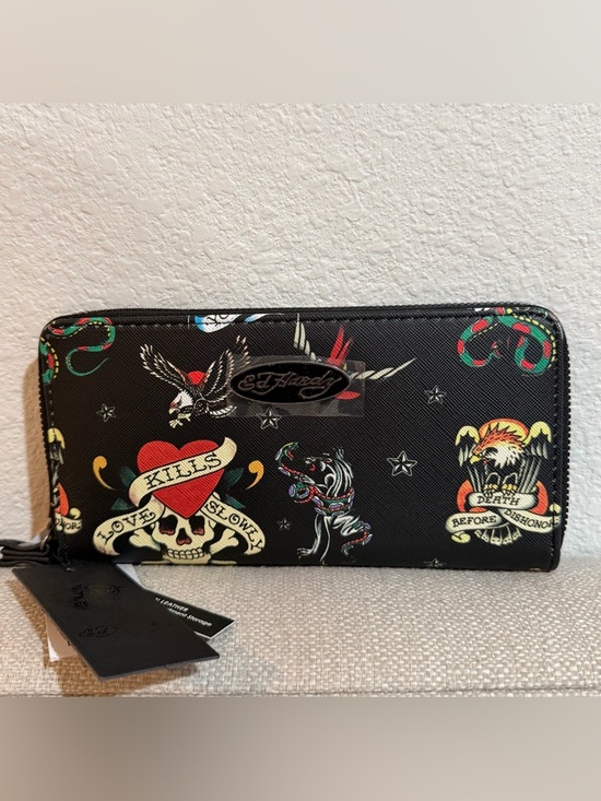 Ed Hardy Handbags - ED HARDY Black Skull Tattoo Zip Wallet Wrislet NWT
